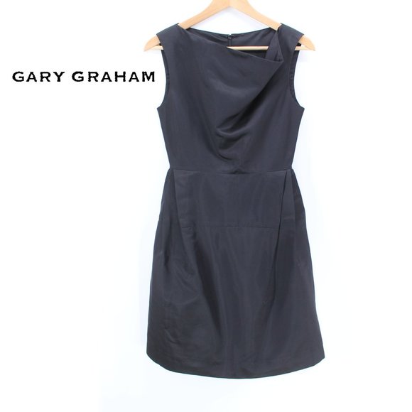 Gary Graham Black Silk Asymmetric Dress Sleeveless Draped Front Bell Skirt 2/S - Picture 6 of 15